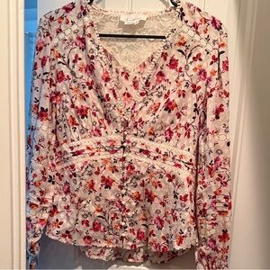 Anthropologie Pink and Red Floral Button-Down Blouse